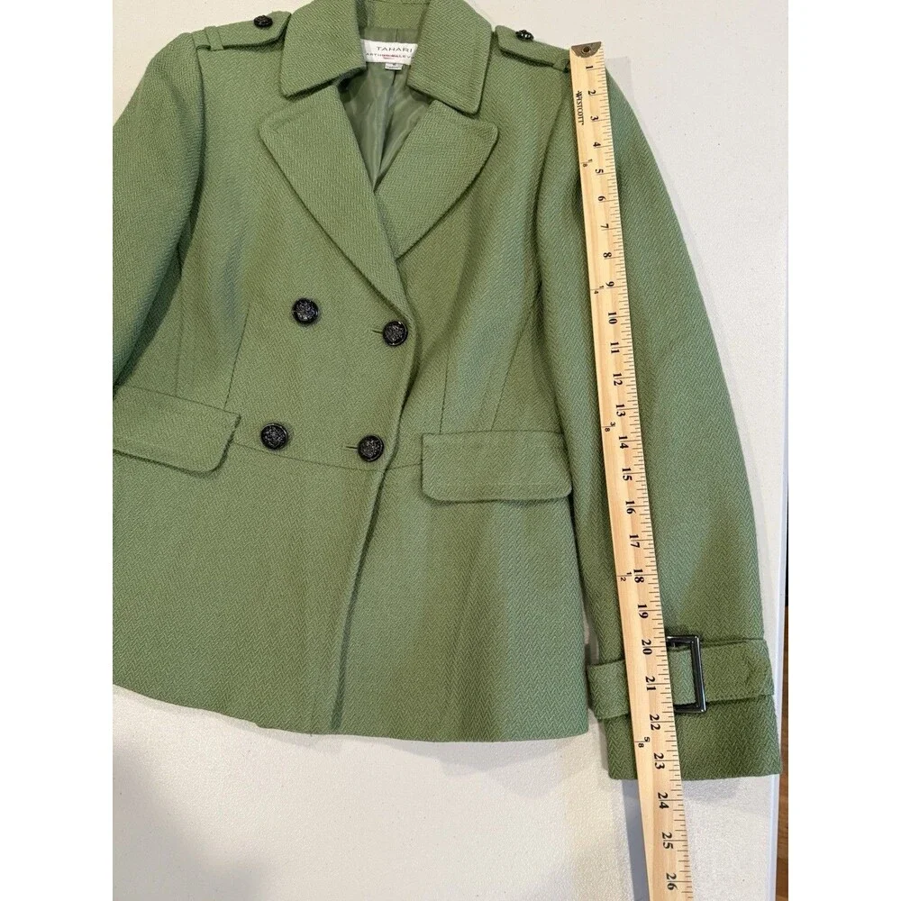 Tahari Pea Coat Womens 4 Green Wool Lined Preppy Old Money Quiet Luxury Travel